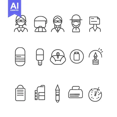 Aset desain premium: A Set of 15 Black and White Outline Icons of Various Subjects
