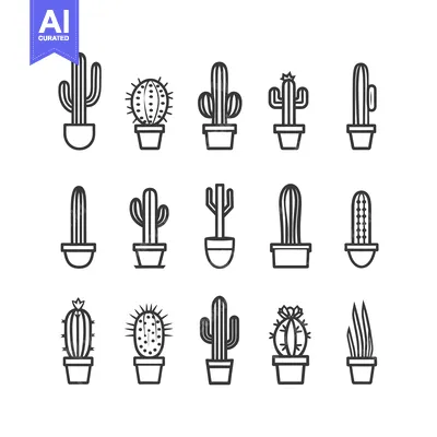 Premium design asset: A Set of 15 Different Cactus Line Drawings in Pots