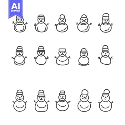 A Set of 15 Outline Drawings of Smiling Snowmen