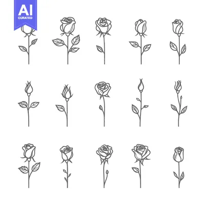 Aset premium populer: A Set of 15 Outline Illustrations of Roses in Various Stages of Bloom