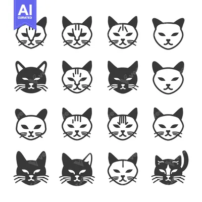 Aset desain premium: A Set of 16 Black and White Cat Face Icons