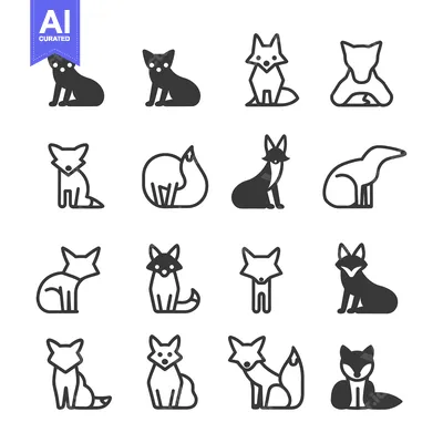 Premium design asset: A Set of 16 Black and White Fox Icons in Various Poses