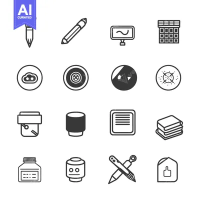 Aset desain premium: A Set of 16 Black and White Icons for Art Supplies
