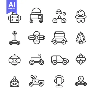 A Set of 16 Black and White Line Art Space Exploration Vehicle Icons