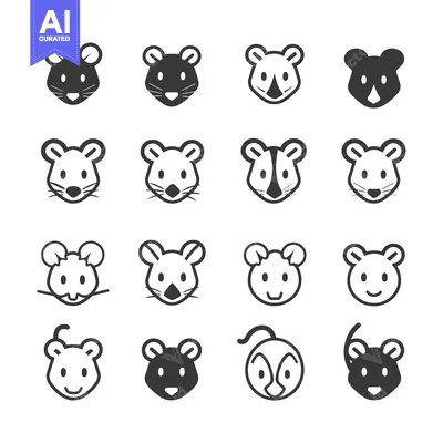 Premium design asset: A set of 16 black and white mouse head icons in various styles
