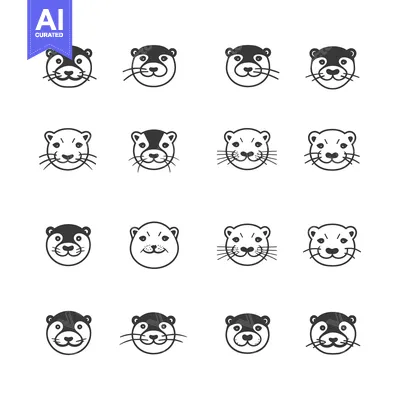 Aset premium populer: A set of 16 black and white otter head illustrations