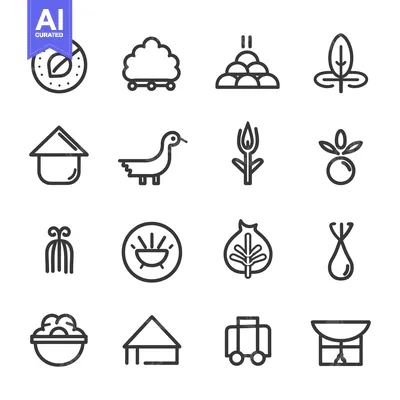 Aset desain premium: A Set of 16 Black and White Outline Icons Depicting Various Objects an
