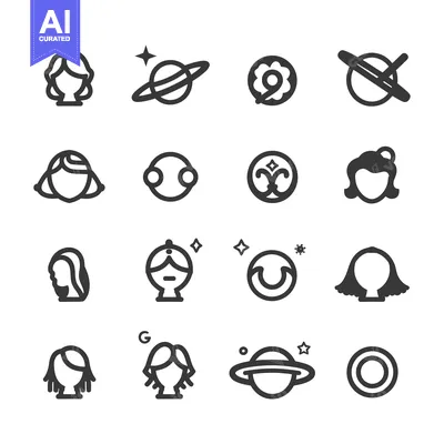 Aset premium populer: A Set of 16 Black and White Outline Icons Depicting Women and Celestia