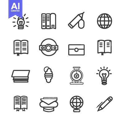 Premium design asset: A Set of 16 Black and White Outline Icons Relating to Education and Le