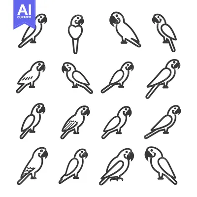 Aset premium populer: A Set of 16 Black and White Parrot Icons in Various Poses