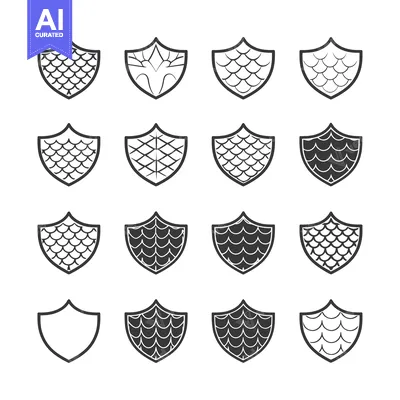 Popular premium asset: A Set of 16 Black and White Shield Icons with Scaly Designs