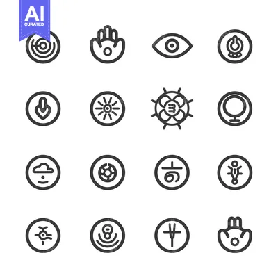 Aset premium populer: A set of 16 circular icons with various abstract symbols