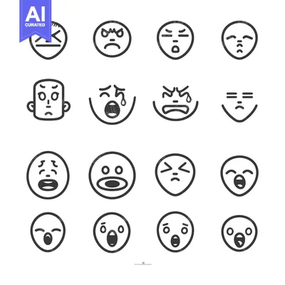 Premium design asset: A Set of 16 Different Facial Expressions in Black Line Art