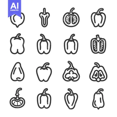 Aset premium populer: A set of 16 different line drawings of bell peppers, whole and halved