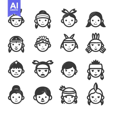 Aset desain premium: A Set of 16 Diverse Native American Icons with Different Hairstyles an