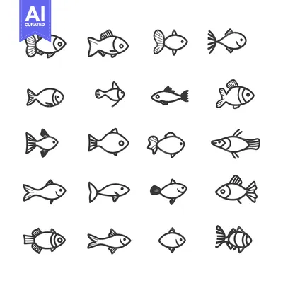 Aset premium populer: A Set of 16 Hand Drawn Fish Illustrations in Black Line Art Style
