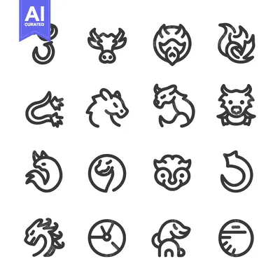 A Set of 16 Hand-Drawn Line Icons Representing Zodiac Animals