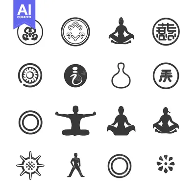 Aset desain premium: A set of 16 icons related to meditation and mindfulness.