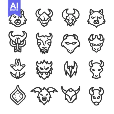 Aset desain premium: A Set of 16 Line Art Creature Head Icons