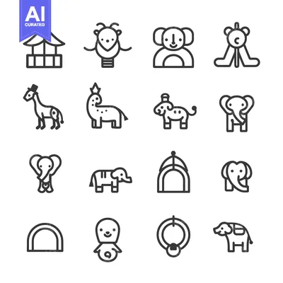 Aset premium populer: A set of 16 line drawings depicting circus animals and attractions.