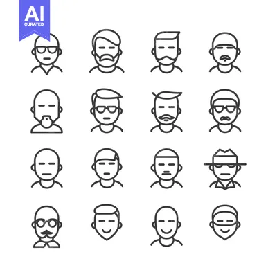Popular premium asset: A Set of 16 Line Drawings Depicting Male Faces with Various Hairstyles