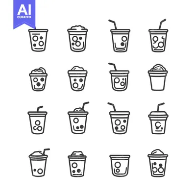 A Set of 16 Line Drawings of Bubble Tea Drinks