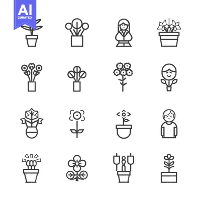 Aset desain premium: A Set of 16 Line Drawings of Potted Plants and Flowers