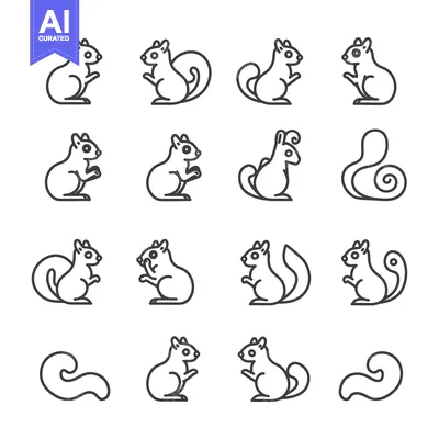 Aset desain premium: A Set of 16 Line Drawings of Squirrels and Tails