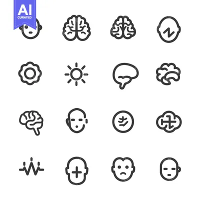 Premium design asset: A Set of 16 Line Icons Representing Human Brain, Face, and Other Relat