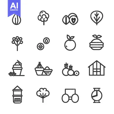 Aset premium populer: A Set of 16 Line Icons Representing Nature, Plants, and Agriculture