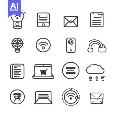 Aset desain premium: A Set of 16 Modern Line Icons for Technology and Communication