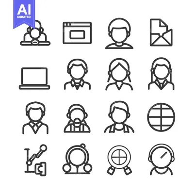 Aset desain premium: A Set of 16 Outline Icons Depicting People, Technology, and Communicat