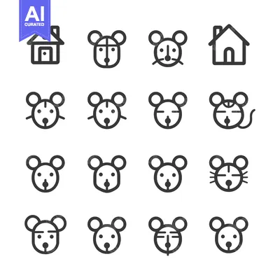 Premium design asset: A set of 16 simple black and white icons of mice and houses