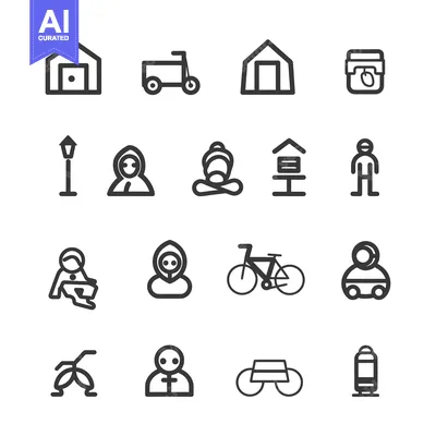 Aset premium populer: A set of 16 simple black and white line icons depicting various activi