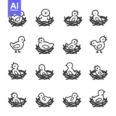 Aset desain premium: A Set of 16 Simple Line Drawings of Baby Birds in Nests