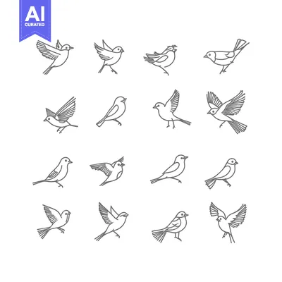 Aset premium populer: A Set of 16 Simple Line Drawings of Birds in Various Poses