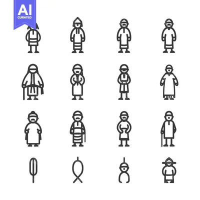 Popular premium asset: A Set of 16 Simple Line Icons Depicting Various People with Traditiona