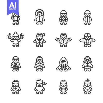 Aset desain premium: A Set of 16 Winter-Themed People Line Icons