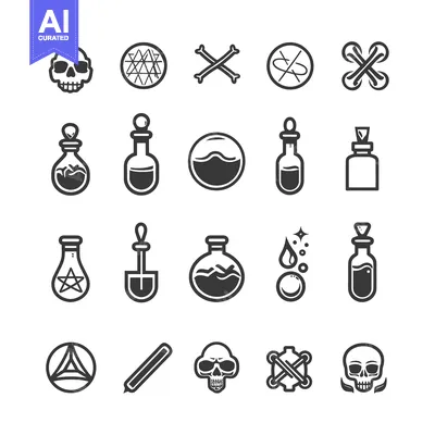Aset premium populer: A Set of 18 Black and White Icons Depicting Potions, Skulls, and Bones