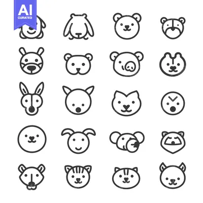 Aset premium populer: A Set of 18 Cute Animal Face Icons with Simple Line Art Style