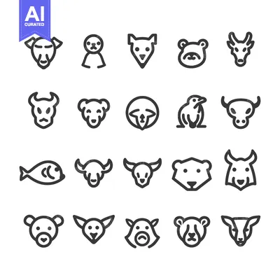 Aset desain premium: A Set of 20 Black and White Animal Head Line Icons