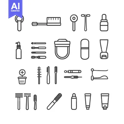 A Set of 20 Black and White Dental Care and Oral Hygiene Line Icons