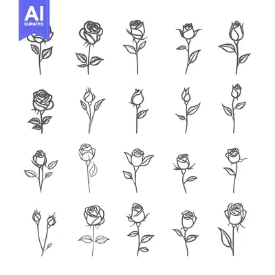 Aset premium populer: A Set of 20 Black and White Hand Drawn Rose Illustrations