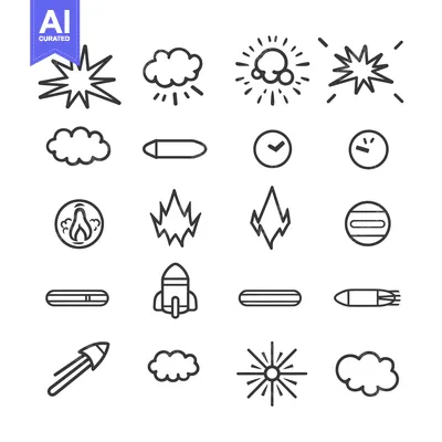Aset desain premium: A Set of 20 Black and White Line Drawings of Explosions, Bullets, and