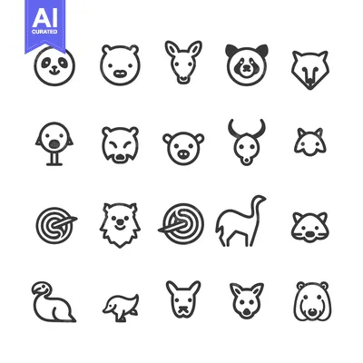 Aset premium populer: A Set of 20 Cartoon Animal Icons in Black and White