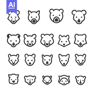Aset premium populer: A Set of 20 Cute Animal Face Icons in Black and White