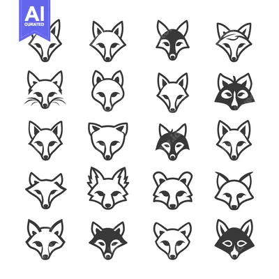 A Set of 20 Fox Head Icons in Black and White Outline Styles