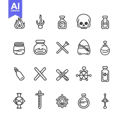 Aset desain premium: A Set of 20 Line Art Icons Depicting Potion Bottles, Skull, and Other
