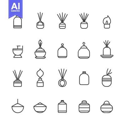 Aset desain premium: A Set of 20 Line Art Icons Depicting Various Scented Oil Diffusers