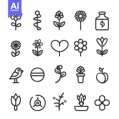 Aset desain premium: A set of 20 line art illustrations of flowers, plants, and nature elem